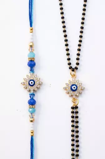 set of 2 blue evil eye artificial stones bhaiya bhabhi rakhi with roli chawal chandan
