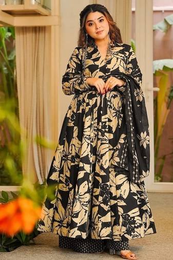 Floral printed muslin v neck black anarkali set