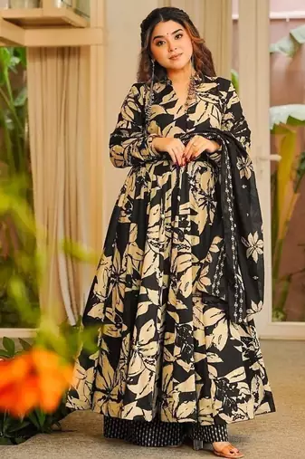 Floral printed muslin v neck black anarkali set