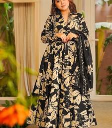 Floral printed muslin v neck black anarkali set