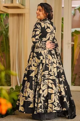Floral printed muslin v neck black anarkali set