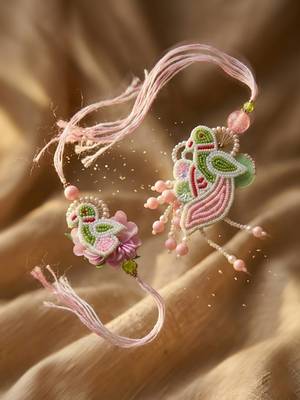 set of 2 leaf design pearls & artificial stones bhaiya bhabhi rakhi with roli chawal 4