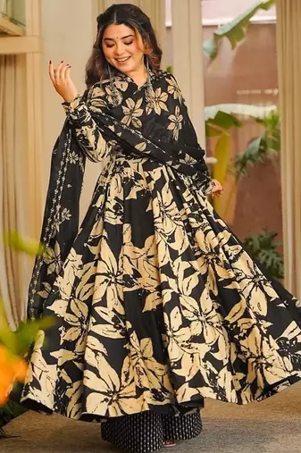 Floral printed muslin v neck black anarkali set