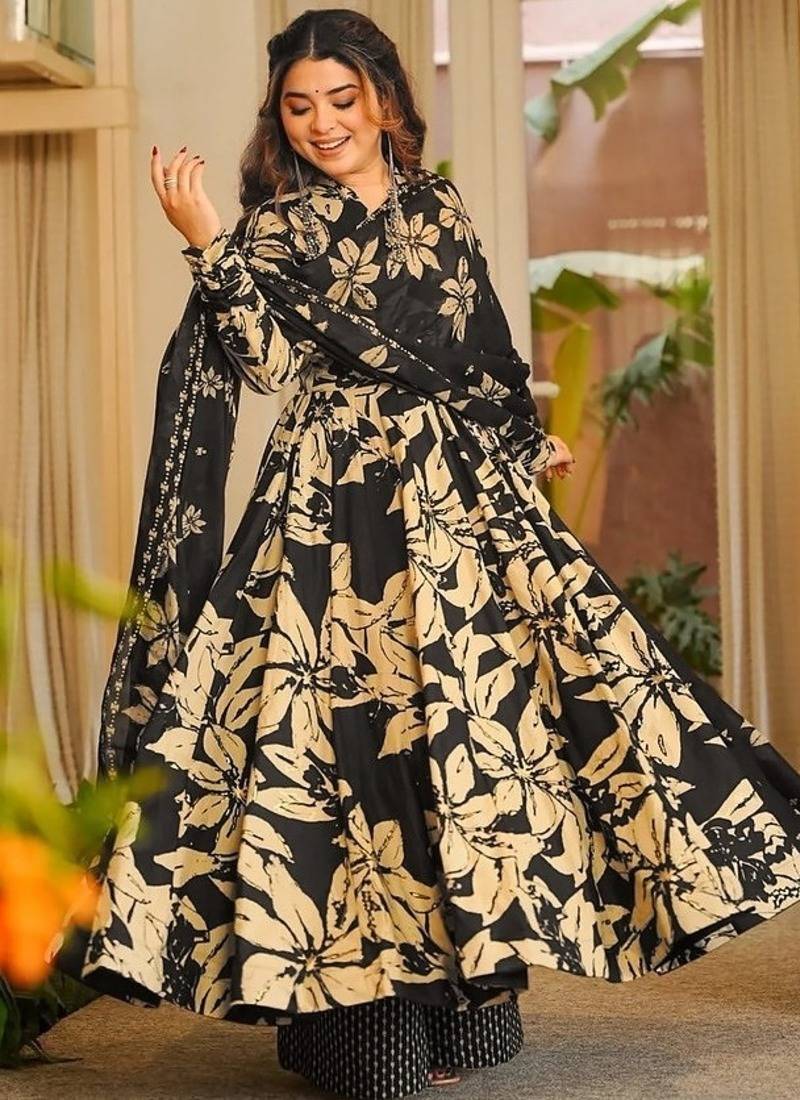Floral printed muslin v neck black anarkali set