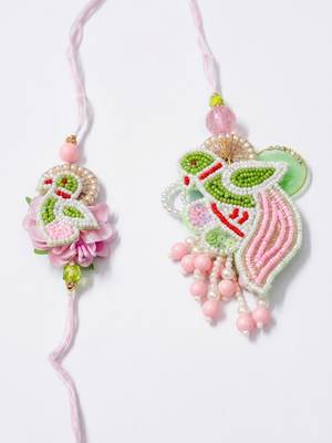 set of 2 leaf design pearls & artificial stones bhaiya bhabhi rakhi with roli chawal 5