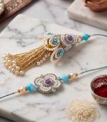 set of 2 pearls & artificial stones floral bhaiya bhabhi rakhi with roli chawal