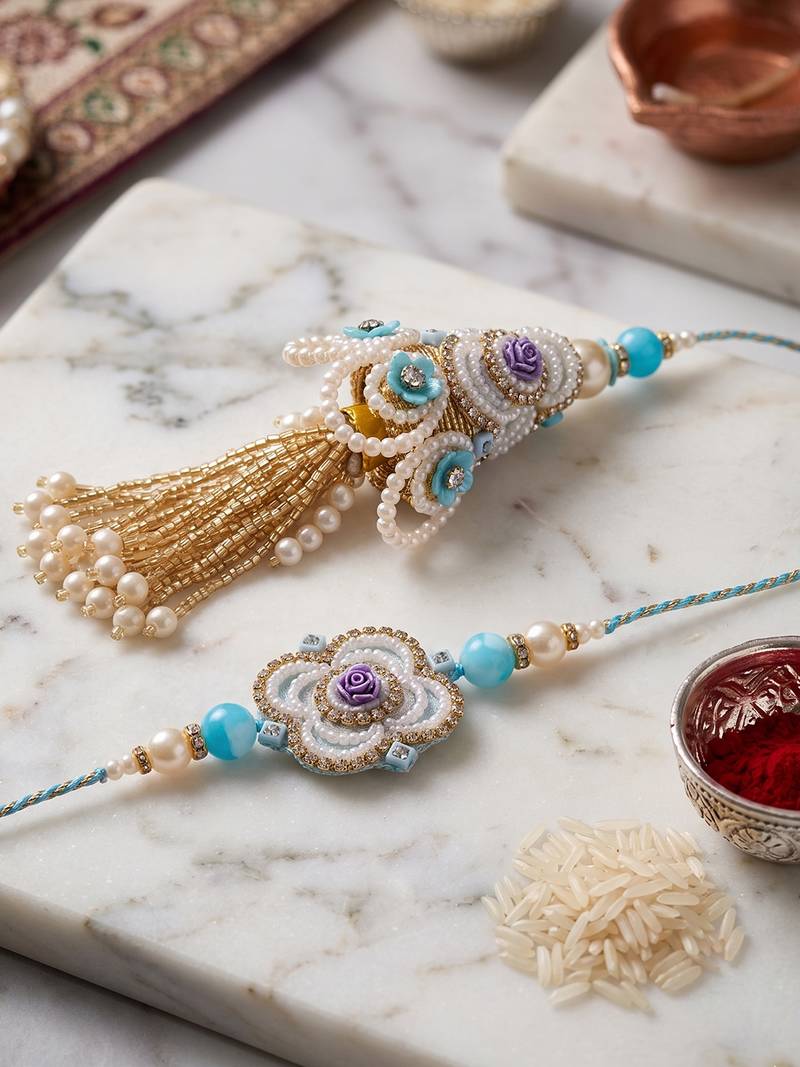 set of 2 pearls & artificial stones floral bhaiya bhabhi rakhi with roli chawal