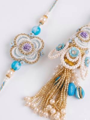set of 2 pearls & artificial stones floral bhaiya bhabhi rakhi with roli chawal 3
