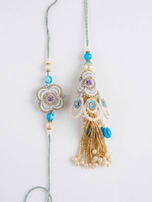 set of 2 pearls & artificial stones floral bhaiya bhabhi rakhi with roli chawal 5
