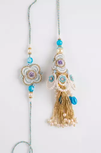 set of 2 pearls & artificial stones floral bhaiya bhabhi rakhi with roli chawal