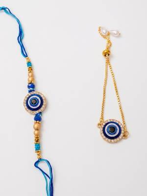 set of 2 blue evil eye gold toned bhaiya bhabhi rakhi with roli chawal chandan mishri 2