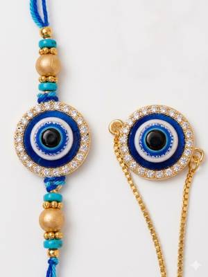 set of 2 blue evil eye gold toned bhaiya bhabhi rakhi with roli chawal chandan mishri 3