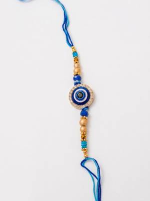 set of 2 blue evil eye gold toned bhaiya bhabhi rakhi with roli chawal chandan mishri 5