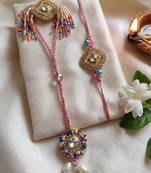 set of 2 white artificial stones golden toned bhaiya bhabhi rakhi with roli chawal