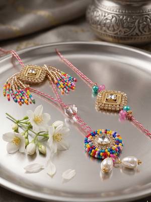 set of 2 white artificial stones golden toned bhaiya bhabhi rakhi with roli chawal 2
