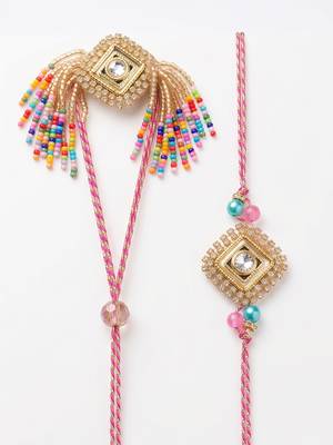 set of 2 white artificial stones golden toned bhaiya bhabhi rakhi with roli chawal 3