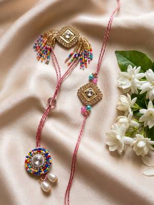 set of 2 white artificial stones golden toned bhaiya bhabhi rakhi with roli chawal 4