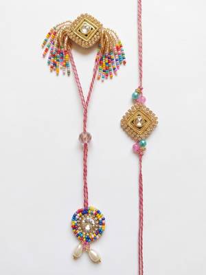set of 2 white artificial stones golden toned bhaiya bhabhi rakhi with roli chawal 5