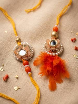 set of 4 yellow artificial beads & white pearls bhaiya bhabhi rakhi with roli chawal 1