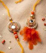 set of 4 yellow artificial beads & white pearls bhaiya bhabhi rakhi with roli chawal