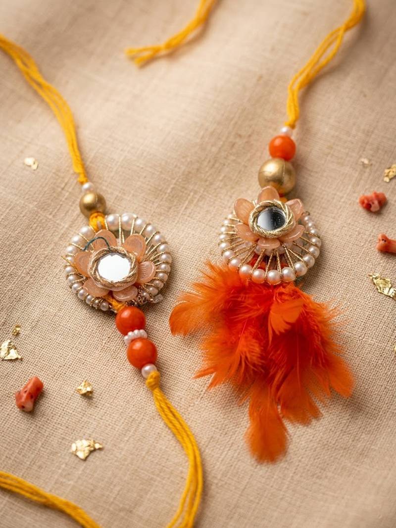 set of 4 yellow artificial beads & white pearls bhaiya bhabhi rakhi with roli chawal