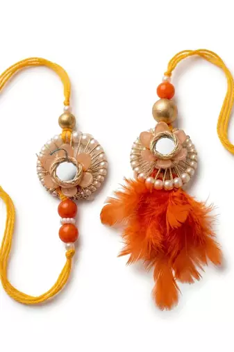 set of 4 yellow artificial beads & white pearls bhaiya bhabhi rakhi with roli chawal