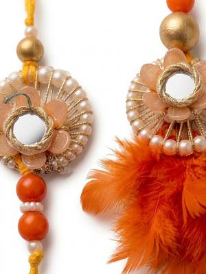 set of 4 yellow artificial beads & white pearls bhaiya bhabhi rakhi with roli chawal 3