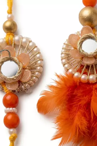 set of 4 yellow artificial beads & white pearls bhaiya bhabhi rakhi with roli chawal