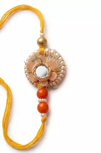 set of 4 yellow artificial beads & white pearls bhaiya bhabhi rakhi with roli chawal