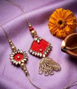 set of 2 kundan studded & artificial stones bhaiya bhabhi rakhi with roli chawal
