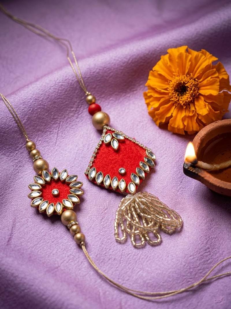 set of 2 kundan studded & artificial stones bhaiya bhabhi rakhi with roli chawal