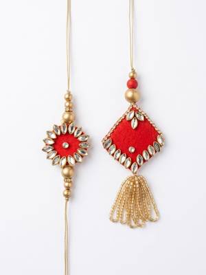 set of 2 kundan studded & artificial stones bhaiya bhabhi rakhi with roli chawal 2