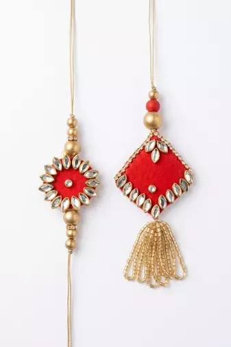 set of 2 kundan studded & artificial stones bhaiya bhabhi rakhi with roli chawal