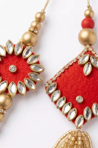 set of 2 kundan studded & artificial stones bhaiya bhabhi rakhi with roli chawal