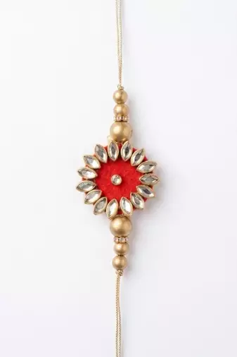 set of 2 kundan studded & artificial stones bhaiya bhabhi rakhi with roli chawal