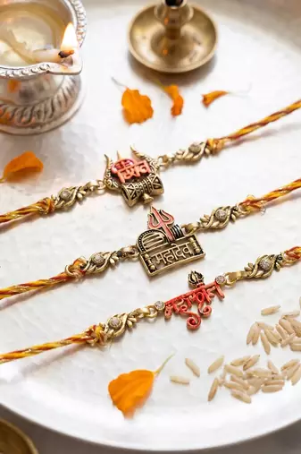 set of 3 multicolor mahadev divine thread rakhi with roli chawal chandan mishri