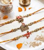 set of 3 multicolor mahadev divine thread rakhi with roli chawal chandan mishri