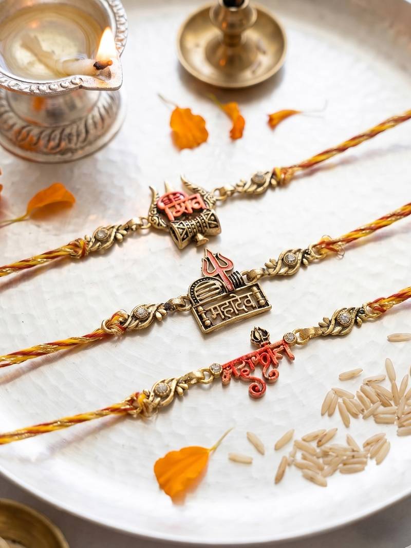 set of 3 multicolor mahadev divine thread rakhi with roli chawal chandan mishri