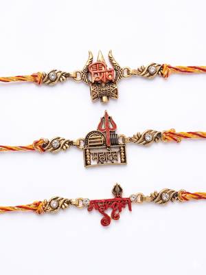 set of 3 multicolor mahadev divine thread rakhi with roli chawal chandan mishri 2