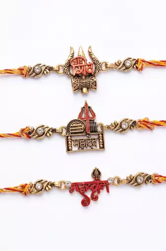 set of 3 multicolor mahadev divine thread rakhi with roli chawal chandan mishri