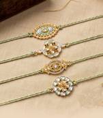 set of 4 white artificial stones & green thread rakhi with roli chawal chandan mishri