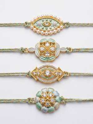 set of 4 white artificial stones & green thread rakhi with roli chawal chandan mishri 3