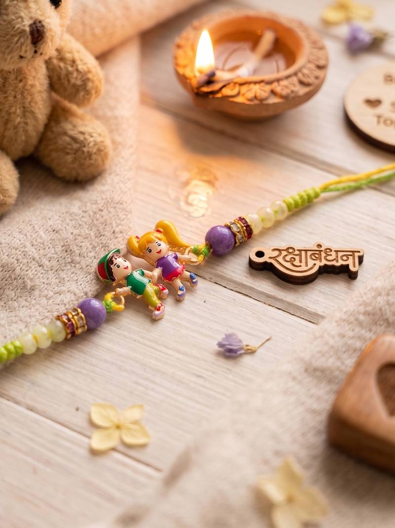 kids multicolor artificial beads thread rakhi with roli chawal chandan chandan mishri