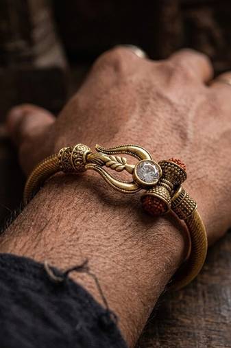 gold plated trishool design rudraksh rakhi bracelet with roli chawal chandan mishri