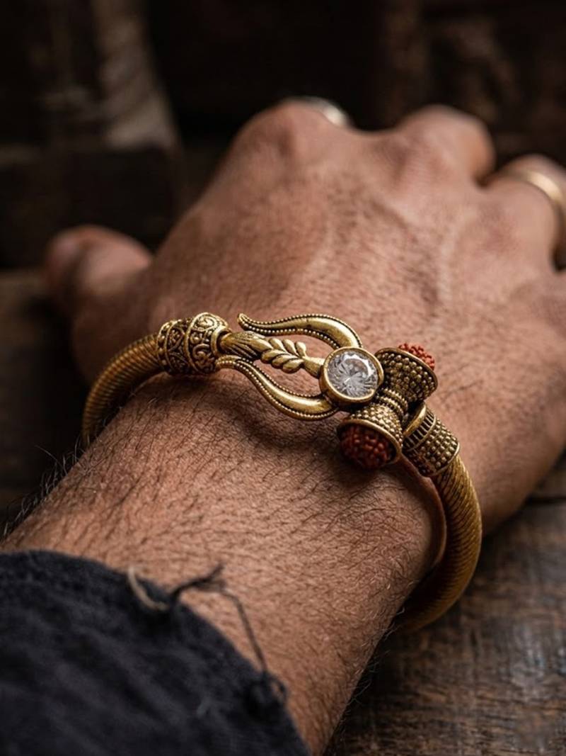 gold plated trishool design rudraksh rakhi bracelet with roli chawal chandan mishri