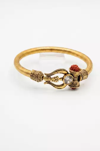 gold plated trishool design rudraksh rakhi bracelet with roli chawal chandan mishri