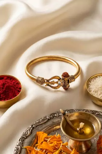 gold plated trishool design rudraksh rakhi bracelet with roli chawal chandan mishri