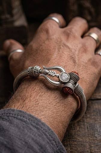 silver plated trishool design rudraksh rakhi bracelet with roli chawal chandan mishri