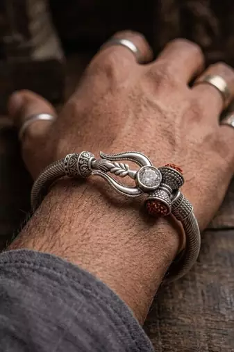 silver plated trishool design rudraksh rakhi bracelet with roli chawal chandan mishri