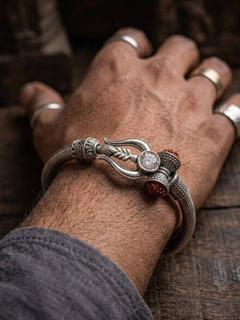 silver plated trishool design rudraksh rakhi bracelet with roli chawal chandan mishri